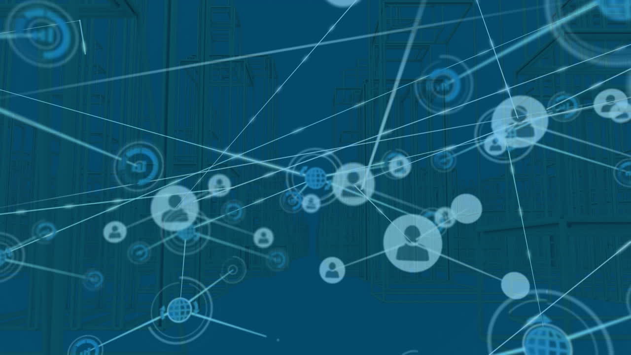 animación de la red de conexiones con personas iconos sobre 3d paisaje urbano girando