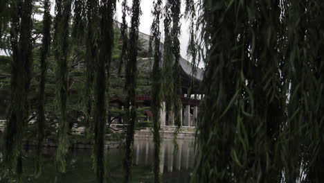 korean palace garden with willows