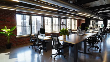 modern empty office workspace with multiple desks and computers