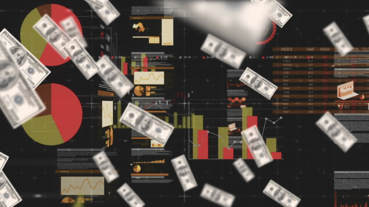 움직이는 통계 데이터 위에 떠있는 달러 지폐