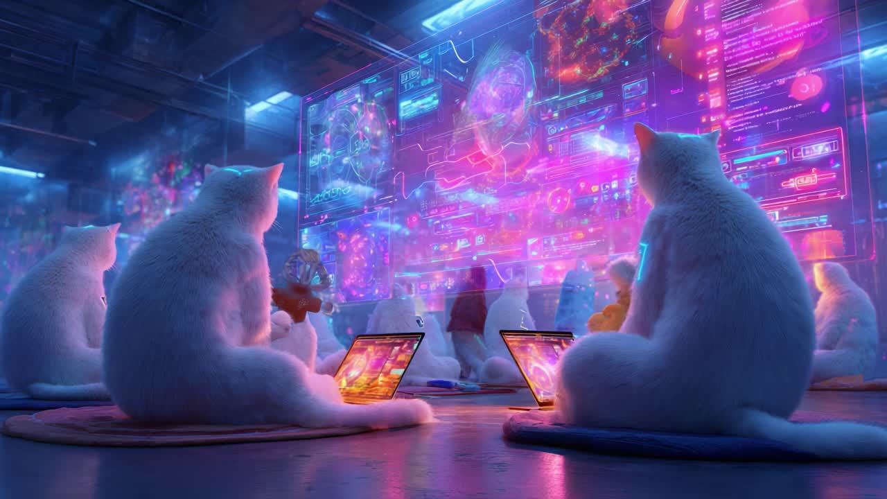A group of futuristic cats engaging with advanced technology in a vibrant digital environment, showcasing a blend of artificial intelligence and whimsical charm