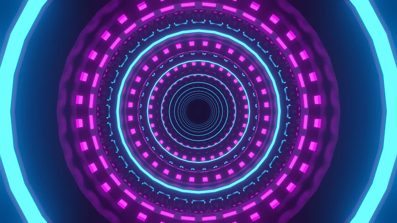 fi gráficos de movimiento científico: viaje lento dentro del túnel de azul azulado y púrpura colores alternados de círculos simétricos y en expansión