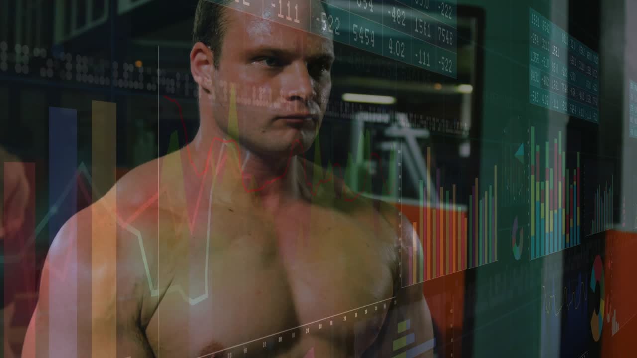 Man gripping kettlebell, initiating lifting motion in gym, finance charts tracking performance