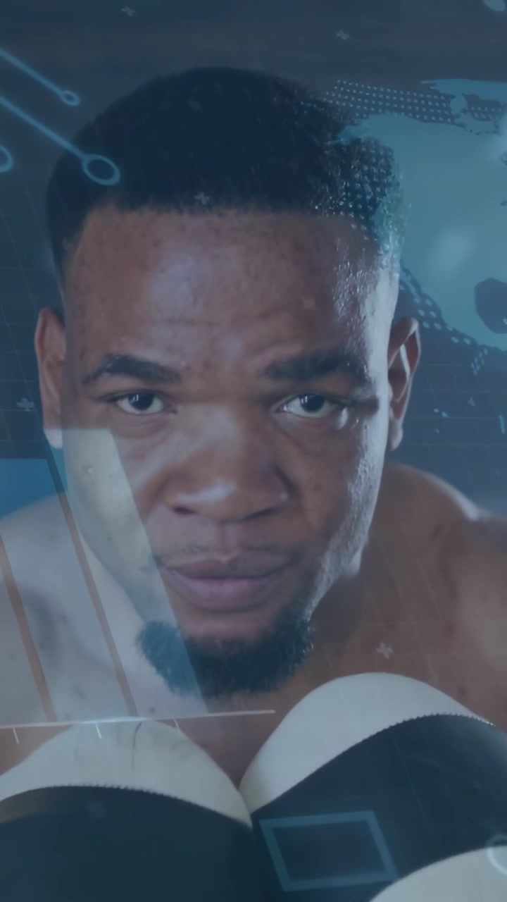 Vertical video: Male boxer sending gloves to lens, guarding for ad with HUD map aligning to gloves