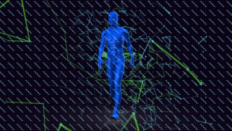 animation of blue digital human figure with network connections and green shapes