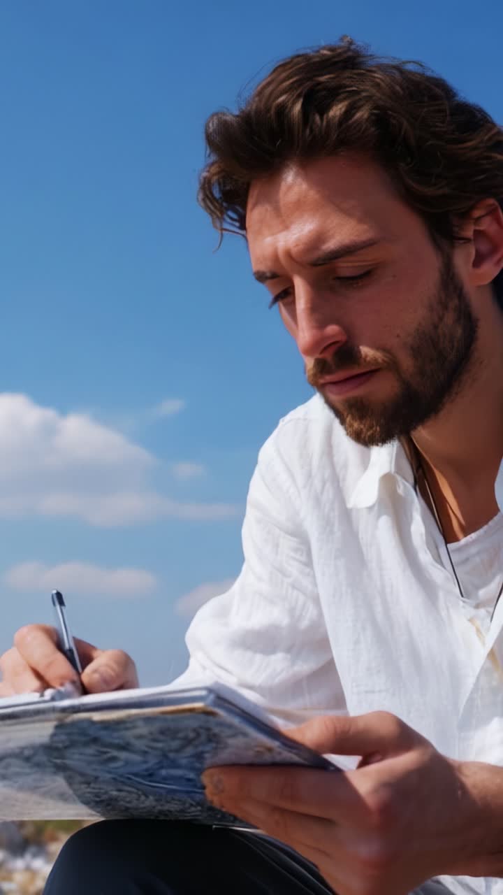 Um artista concentrado faz esboços sob um céu azul brilhante, capturando a beleza ao seu redor com traços cuidadosos em seu caderno de desenho durante sua sessão criativa ao ar livre.