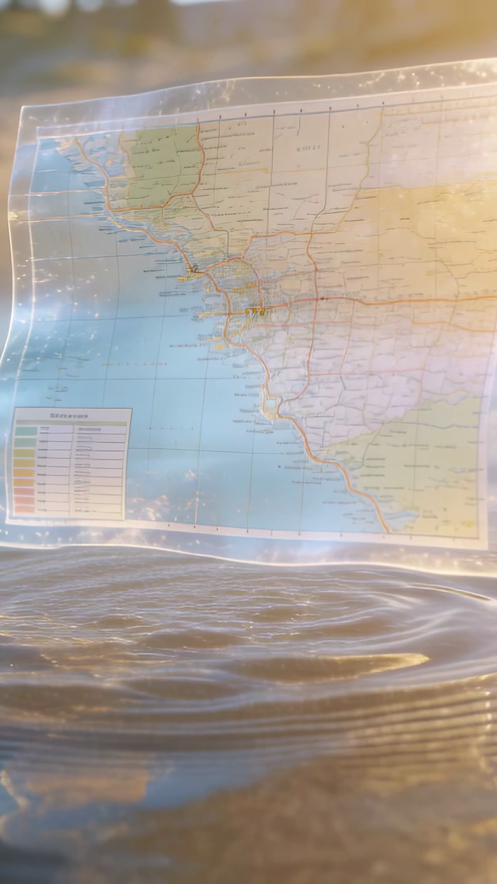 Vertical video: Showing map in clear sleeve tilting above ripples while sunlight intensifying glare