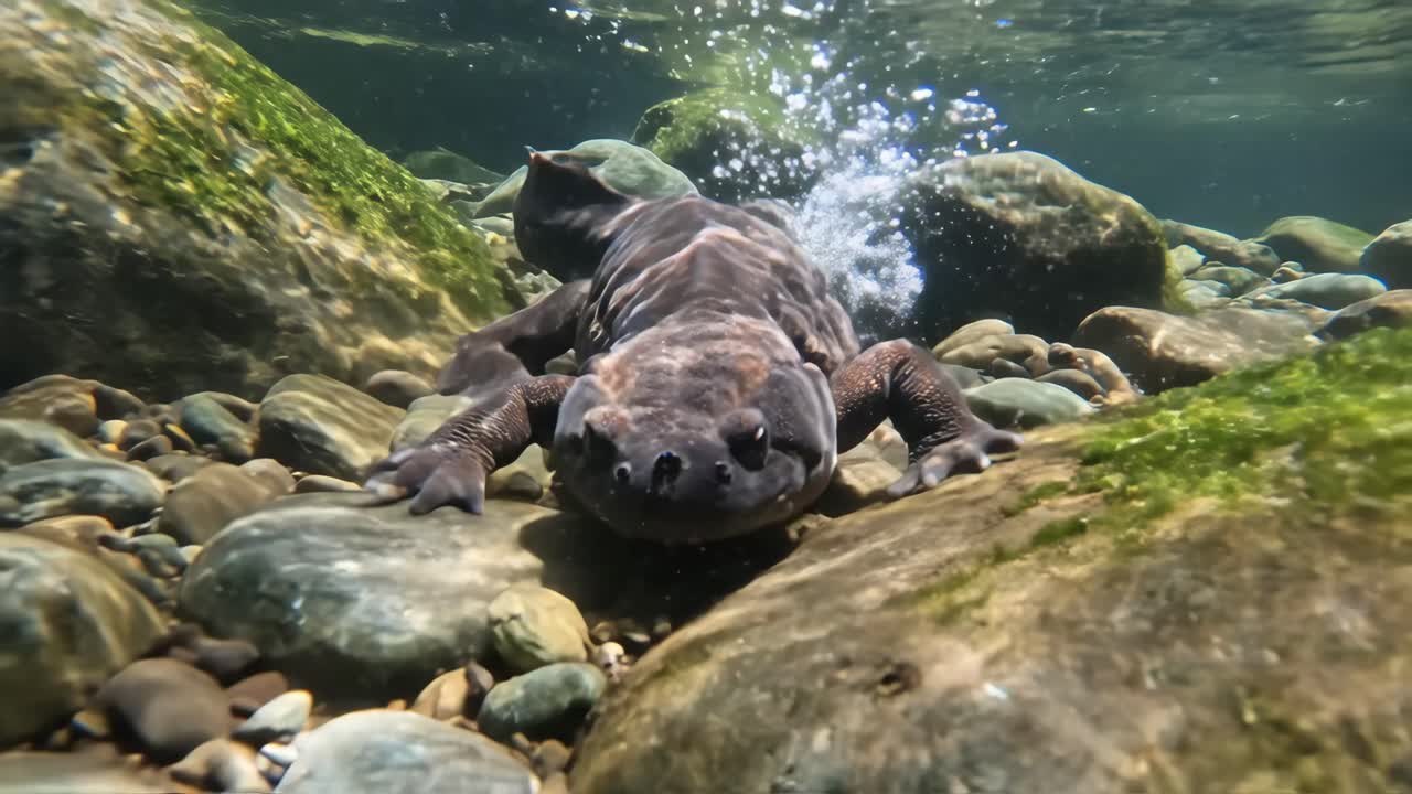 Underwater view of a hellbender salamander