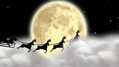 animation of santa claus in sleigh with reindeer moving over clouds and moon