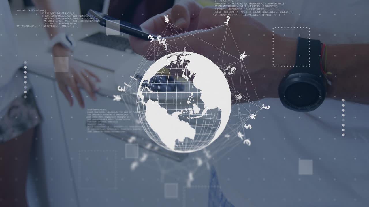 화폐 표지판의 애니메이션, 스마트폰을 사용하는 백인 남성에 대한 네트워크 및 데이터 처리