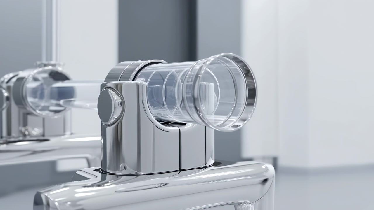 Close-up of polished chrome faucet coupling with transparent cylindrical sleeve partially extended and rotating beside bathroom sink, revealing adjustable installation detail, reflective metal