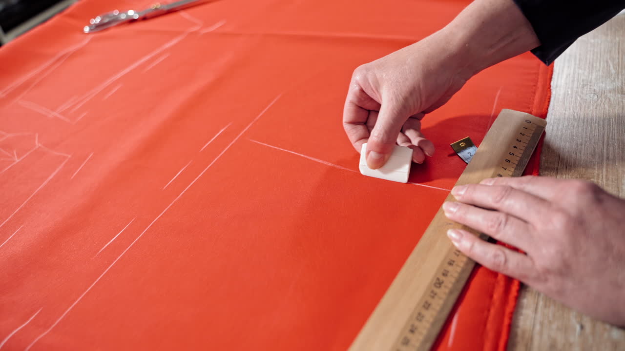 Exclusive unique clothes creation. Close up view of dressmaker measuring textile material