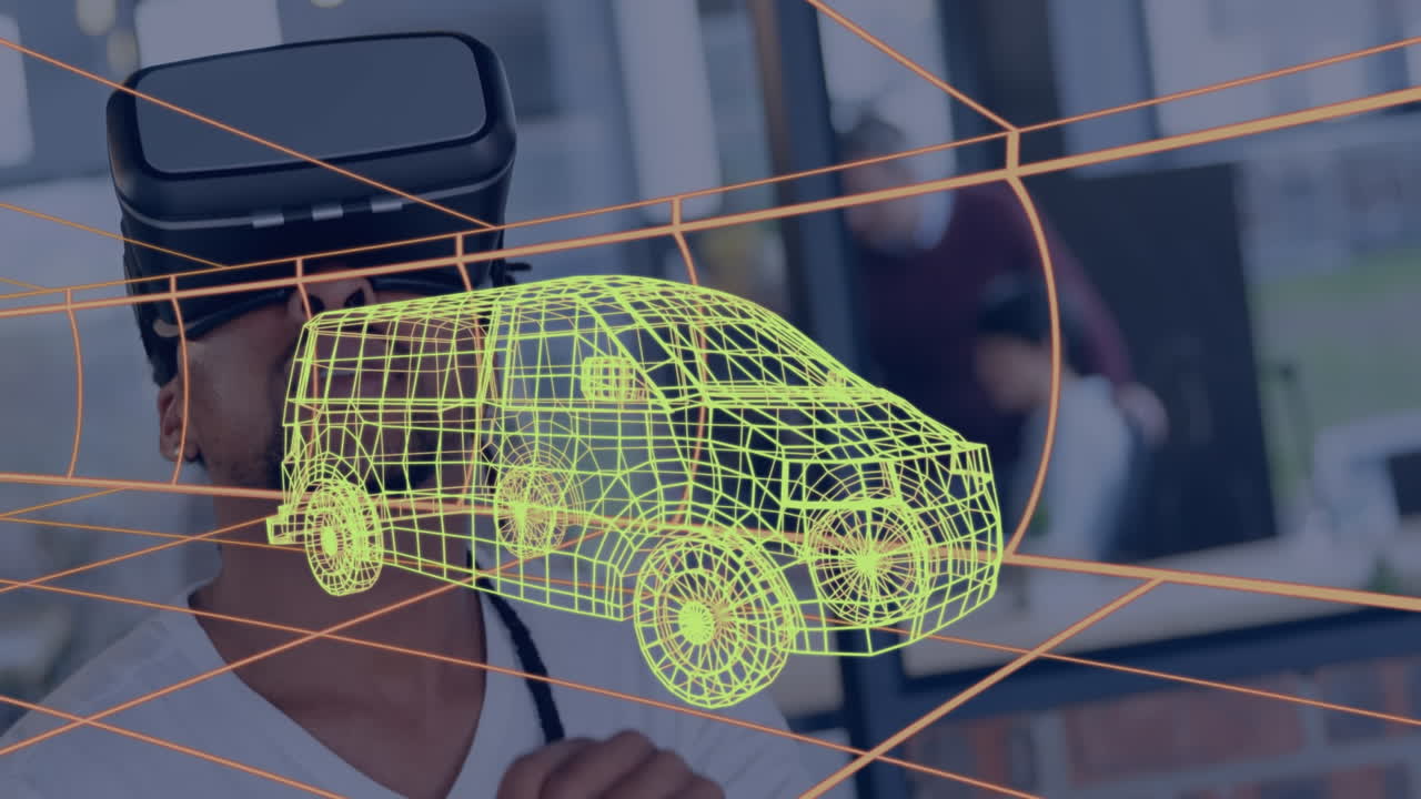 vr 헤드 ⁇ 을 사용하여 사람 위의 자동차의 디지털 3d 드로잉의 애니메이션