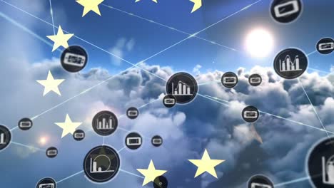 Animation-of-network-of-connections-with-icons-over-flag-of-european-union-and-clouds