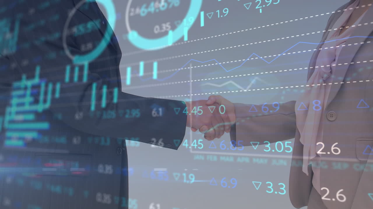 animación del procesamiento de datos financieros sobre personas de negocios que se dan la mano