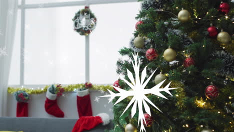 animation of snow falling over christmas tree with baubles