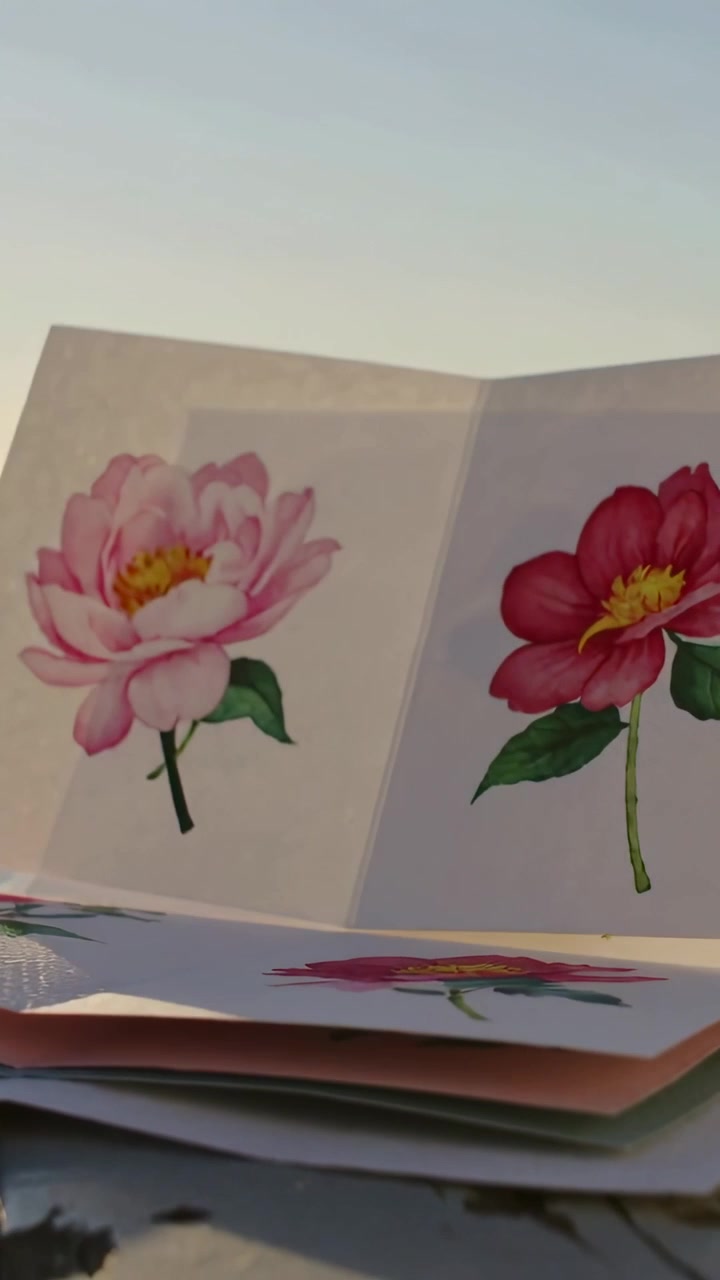 Vertical video: Turning stack of cards fanning on table by sea, breeze revealing floral art