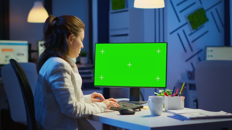 Donna che guarda il computer con schermo verde di notte.