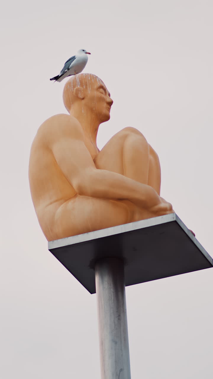 Nizza, Francia - 8 dicembre 2024: gabbiano in piedi sulla statua Conversation a Nice di Jaume Plensa in Place Massena