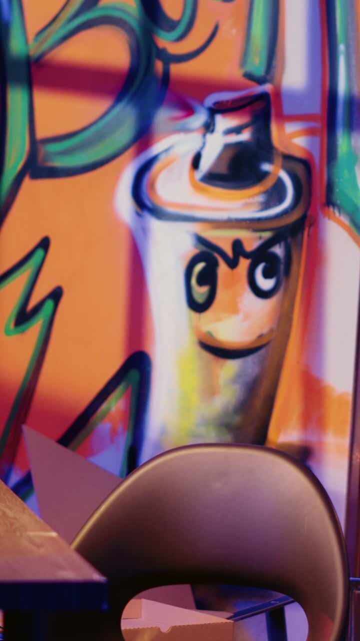 Video verticale di graffiti che ritraggono un rifugio vuoto con PC