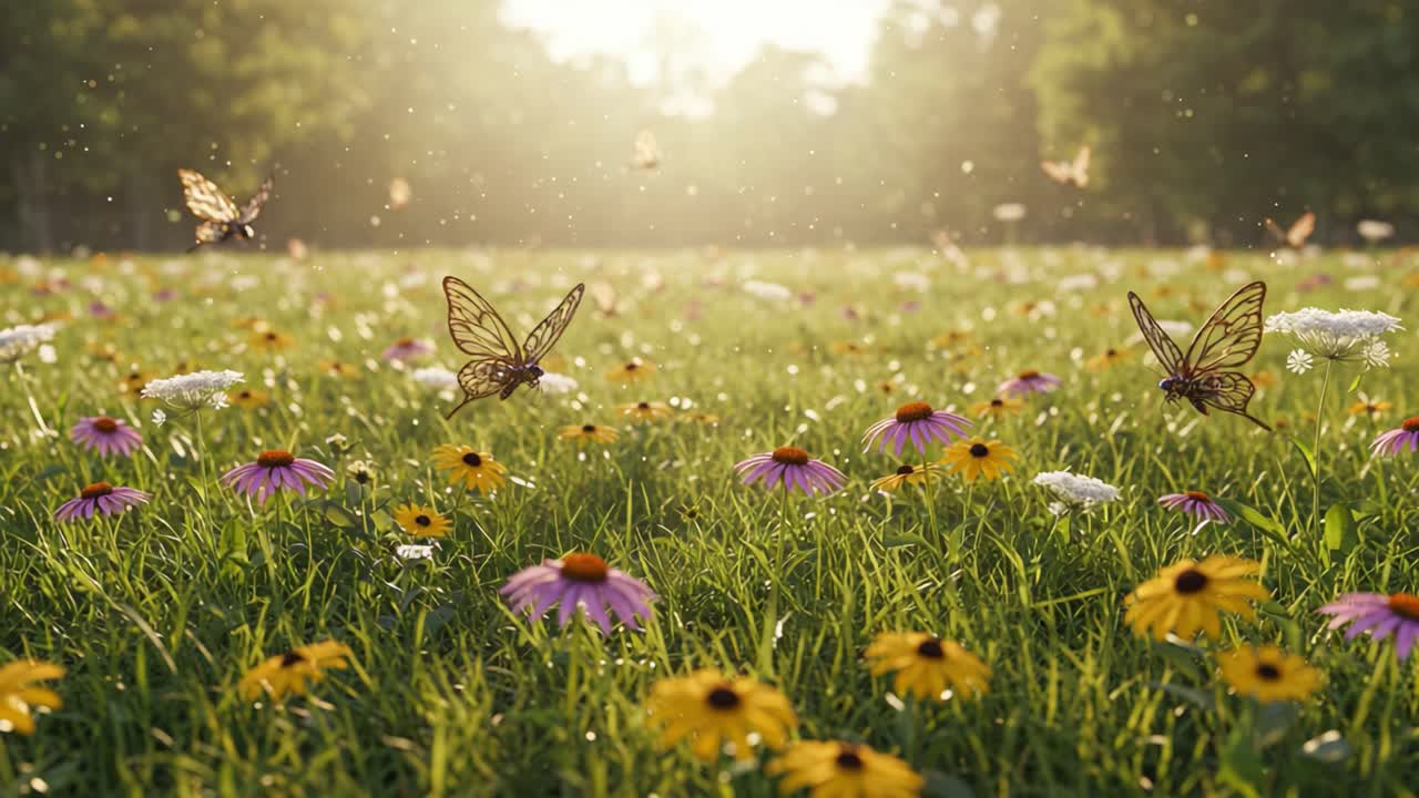 A Serene Meadow at Dusk Filled with Colorful Wildflowers and Graceful Butterflies Dancing in the Gentle Breeze Beneath a Golden Sunset