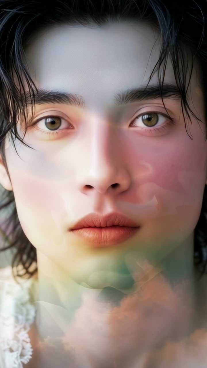 Vertical video: Raising eyelids model focusing gaze in studio, with shifting pastel cloud overlay