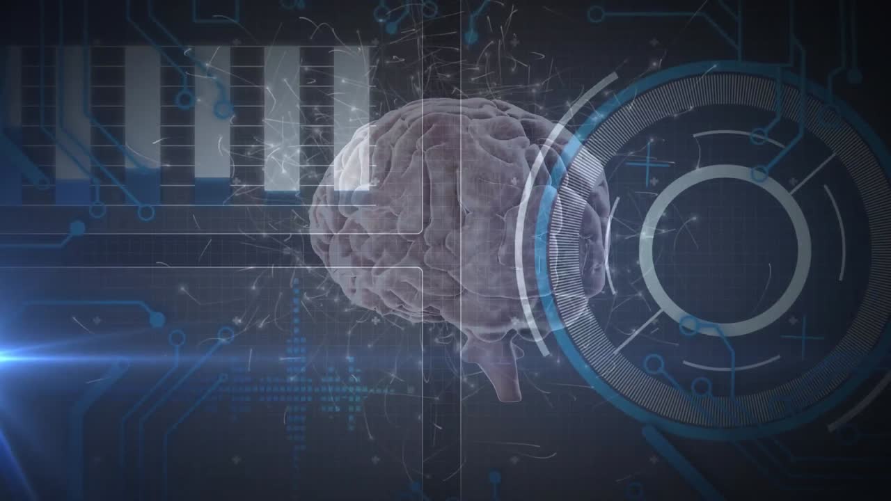 인간의 뇌와 과학 데이터 처리의 애니메이션이 파란색 배경 위에 있습니다.