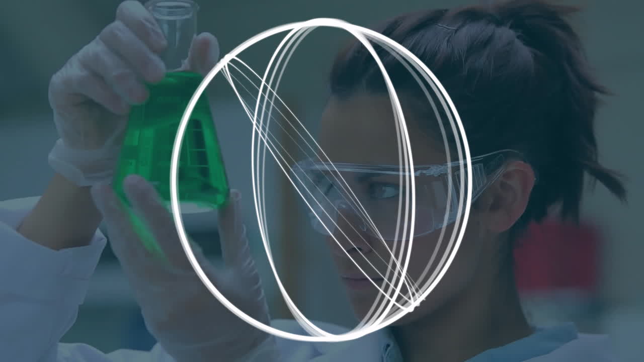 animación de círculos blancos sobre una científica biracial examinando el frasco