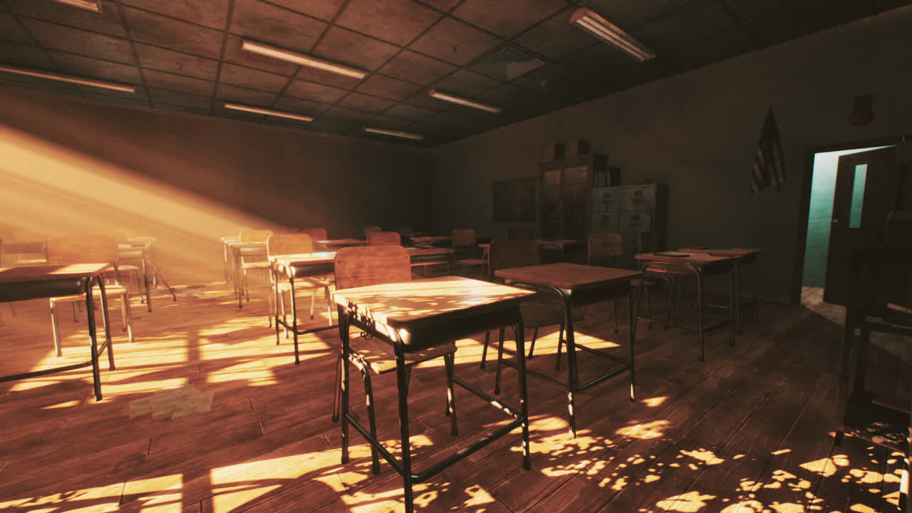 Abandoned school classroom with sunlight streaming through the windows