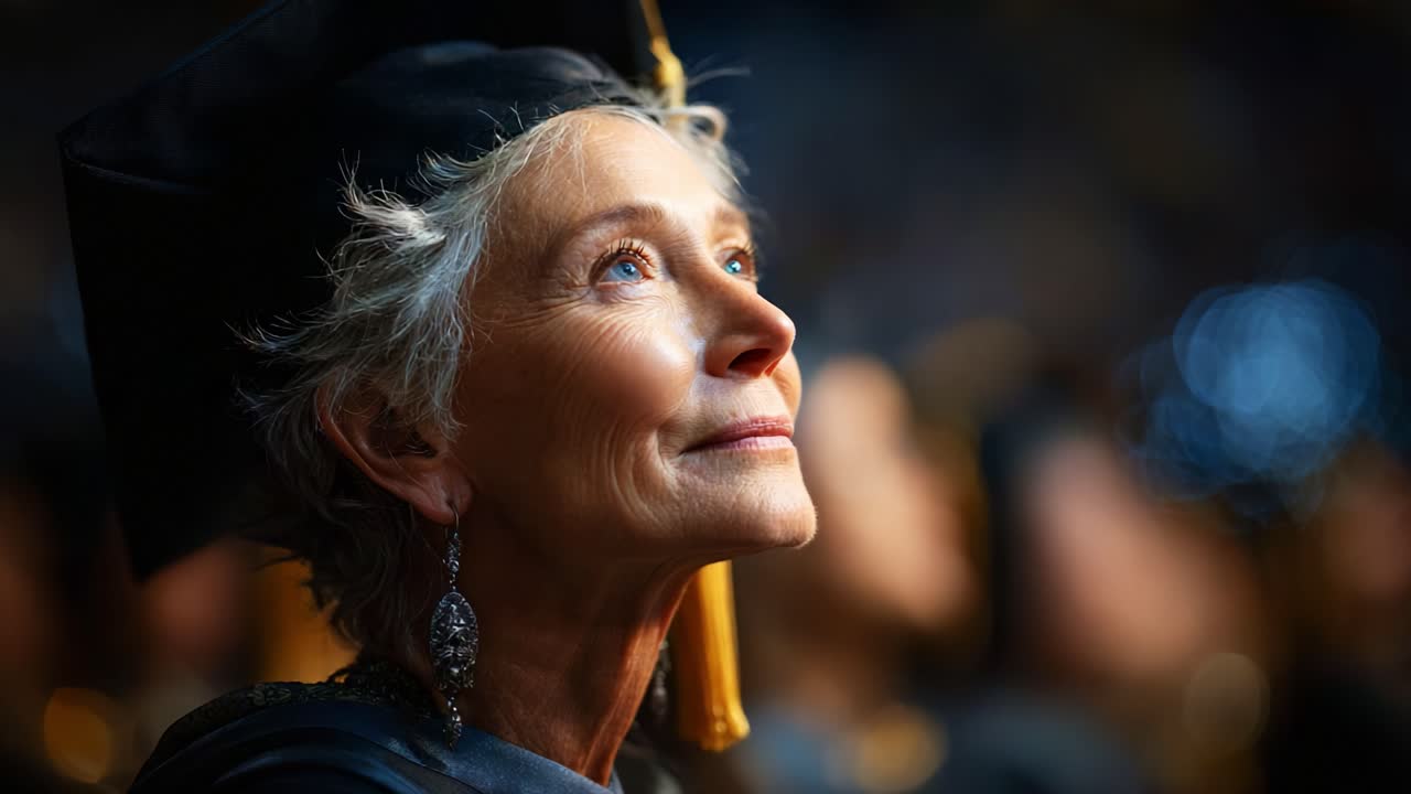 Un laureato grato: celebrare i traguardi e i sogni – Un momento di riflessione, gioia e successo mentre una persona guarda verso l'alto durante una cerimonia di laurea