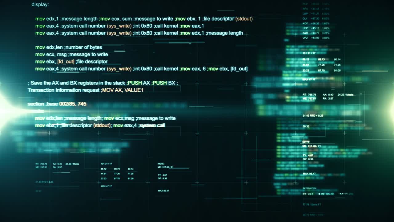 Abstract background with program code typing in cyber space. Seamless loop.