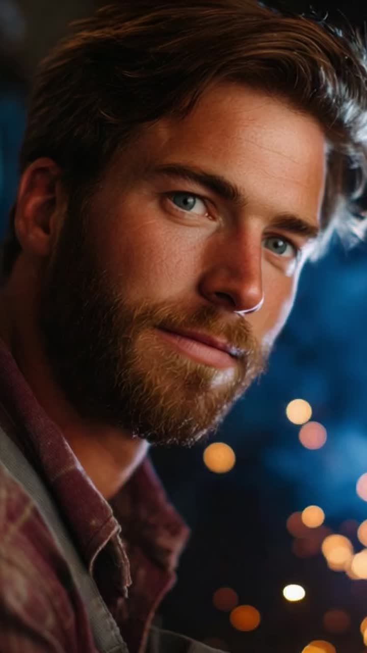 Cautivador retrato de un hombre de ojos azules y barba rodeado de luces brillantes que evoca una atmósfera misteriosa e intrigante llena de profundidad y emoción
