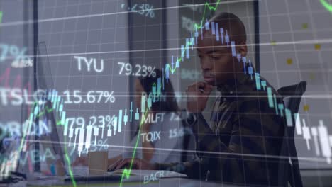 animation of financial data processing over business people using computer