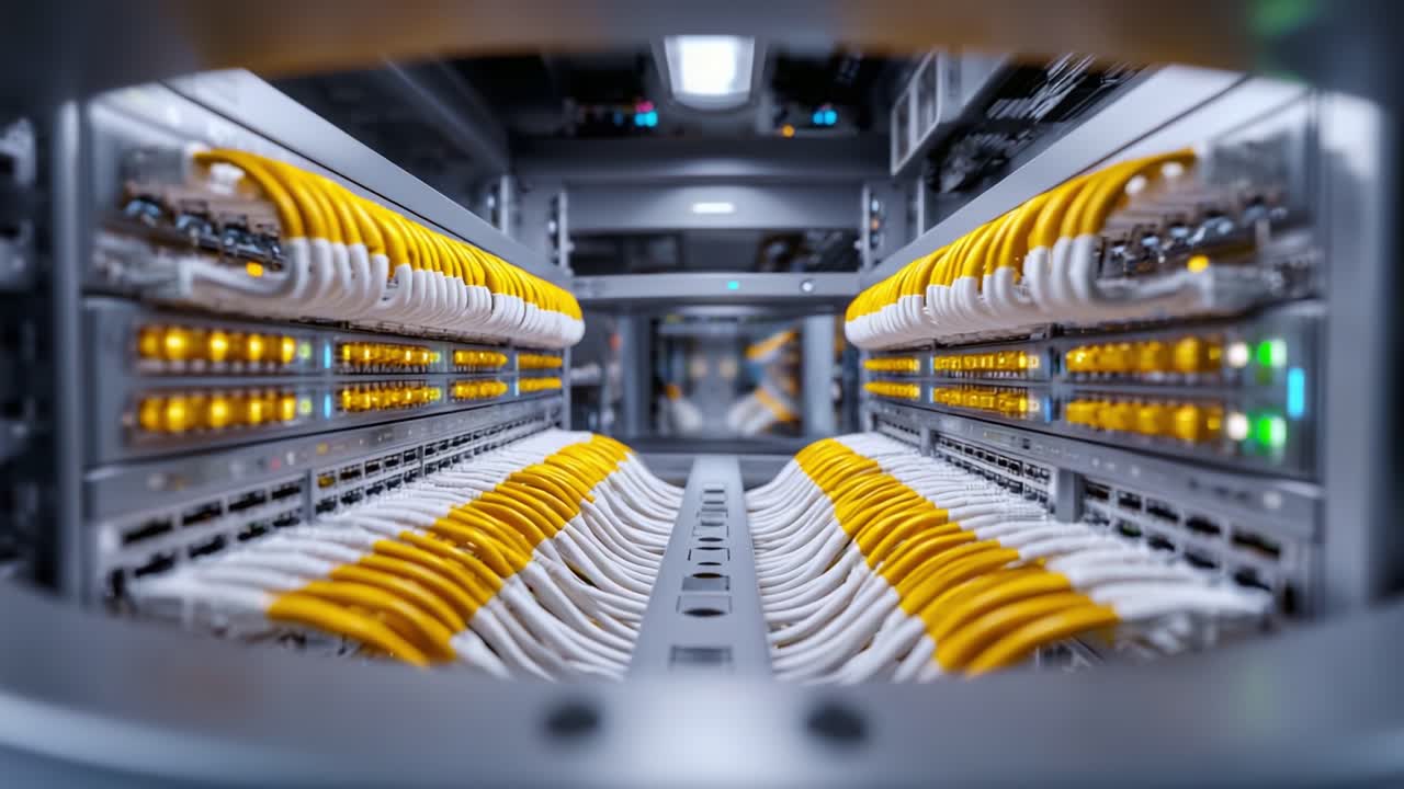 Detailed View of a Modern Networking Server Room with Brightly Colored Cables, Highlighting Efficient Data Connectivity and Advanced Technologies in Communication Hardware