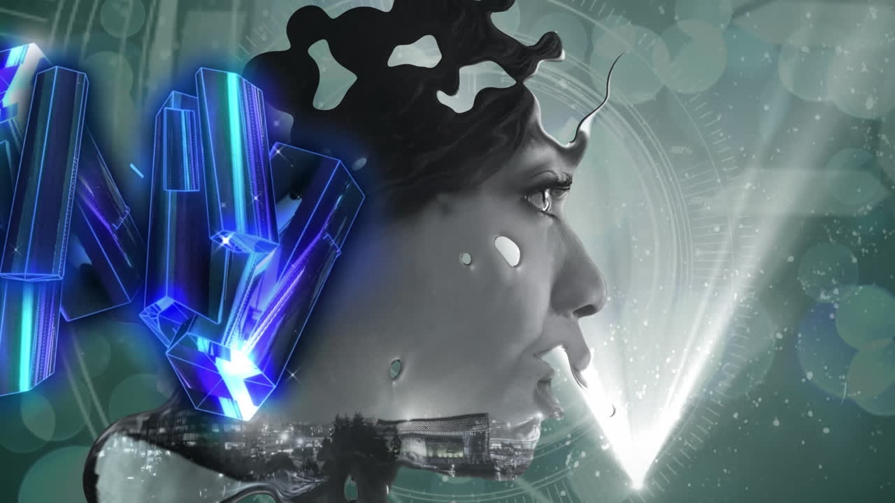 Animation of glowing blue blocks, scope and network of connections over woman face