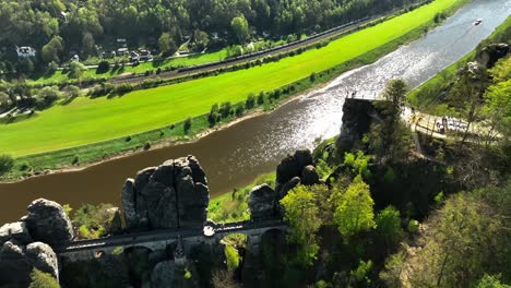 rathen elbe river valley, aerial drone shot flying above stone formations landmark