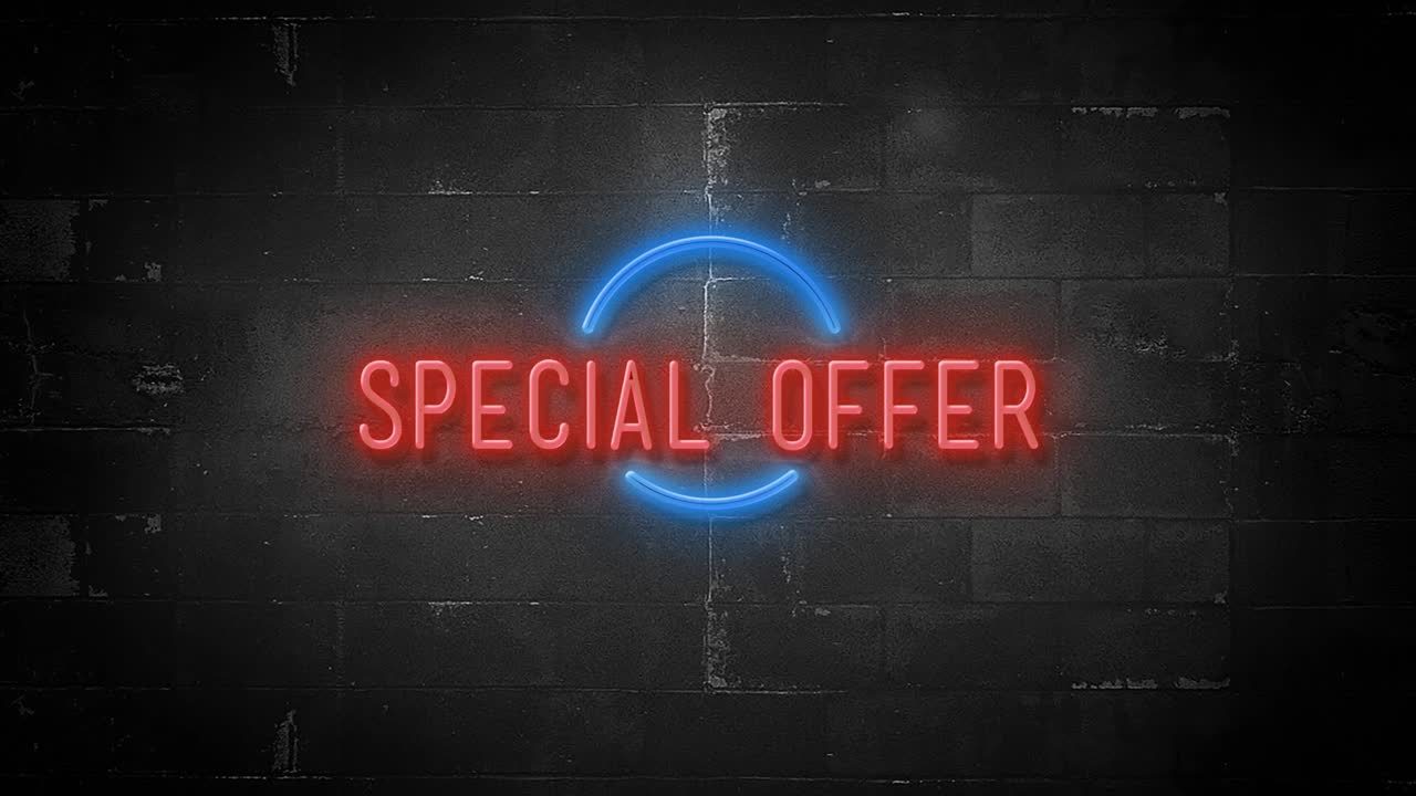 Messaggio "Offerta Speciale" su insegna al neon tremolante in risoluzione 4K