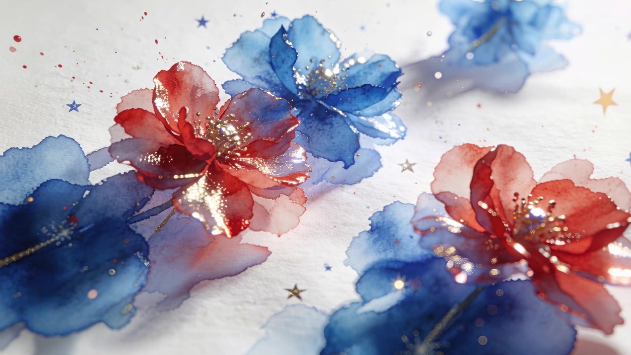 Luce in movimento e panoramica della telecamera che rivelano fiori ad acquerello su una scrivania d'arte su carta, con centri dorati.