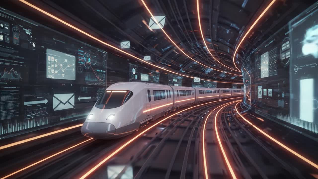 A futuristic high-speed train traveling through a technologically advanced tunnel filled with vibrant data displays, symbolizing innovation in transportation and digital connectivity