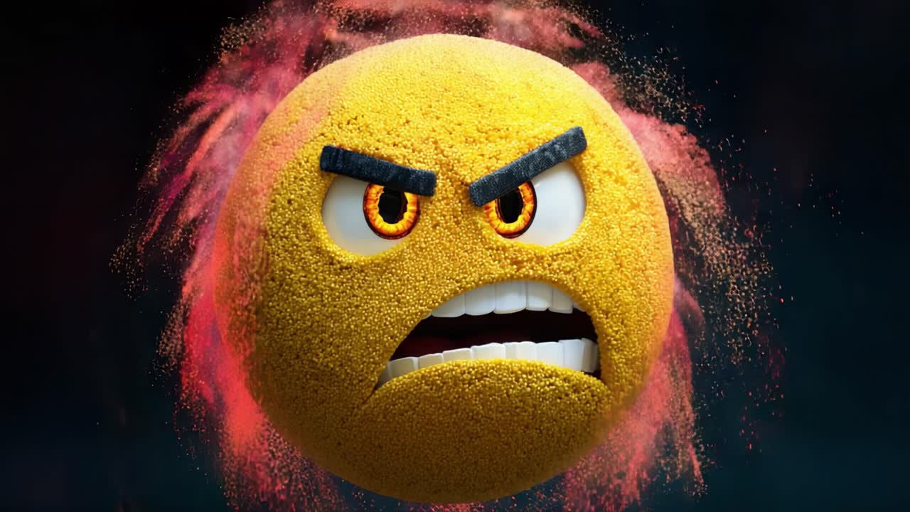 A vividly expressive animated emoji ball showcases intense emotions with fierce eyebrows and glowing eyes, surrounded by an explosion of colorful particles in a dynamic visual representation