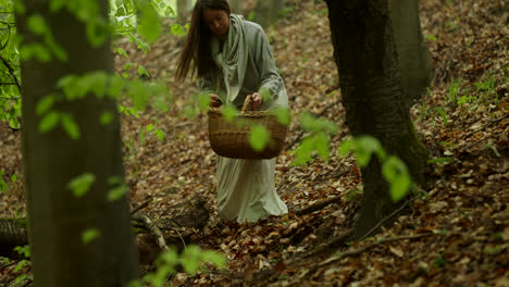 woman foraging for mushrooms in the forest