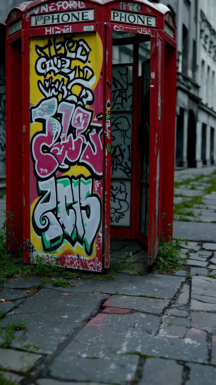 Graffiti-Covered Red Phone Booth in a City Street