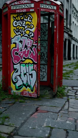 graffiti-covered red phone booth in a city street