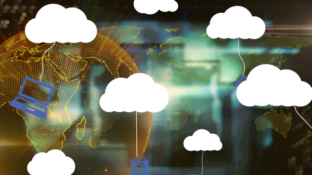 구름과 디지털 아이콘의 애니메이션이 배경으로 회전하는 지구 위에 있습니다.