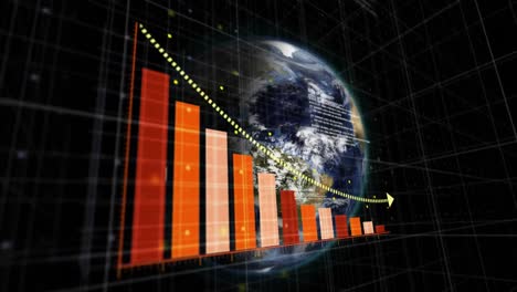 Animation-of-statistical-data-processing-over-spinning-globe-against-black-background