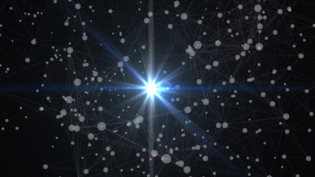 左から現れる鮮やかな青い星の輝きが虹色のハローを生み出し、接続性を示すノードを形成する。