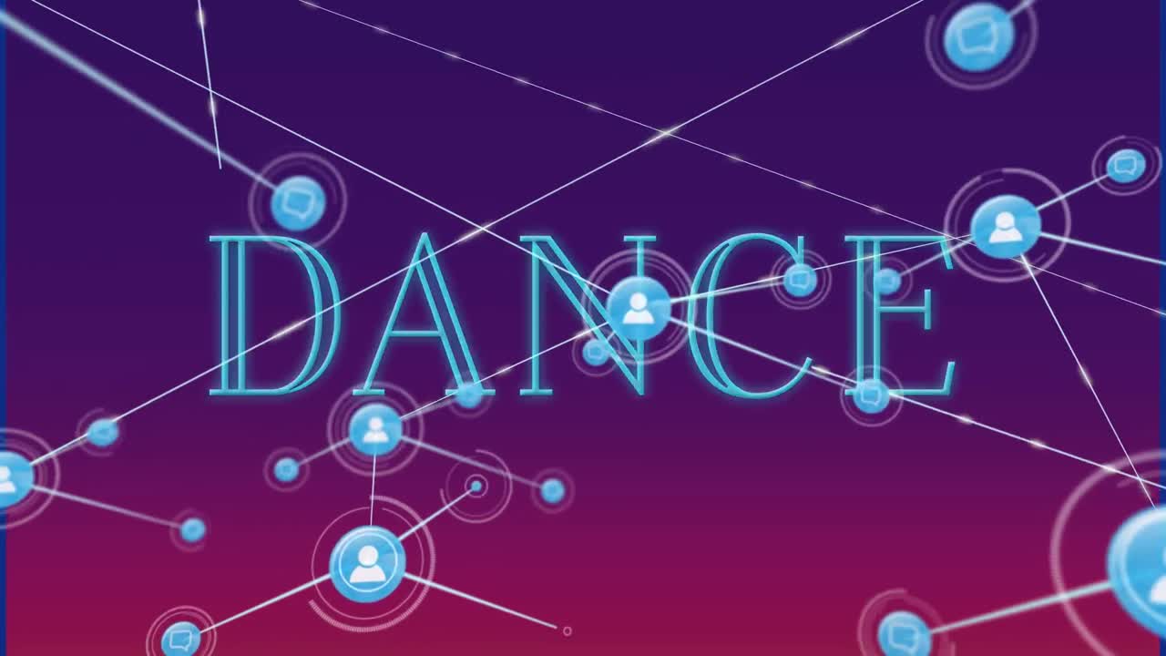 Animation af profil- og beskedikoner forbundet med linjer over danse-tekst på violet baggrund