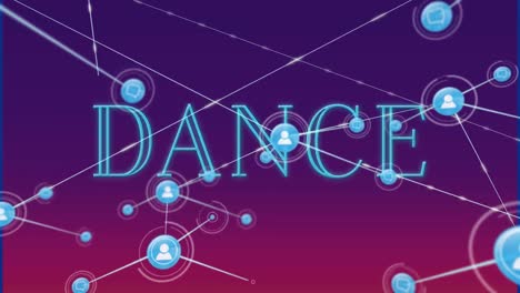 animation of profile and message icons connecting with lines over dance text on violet background