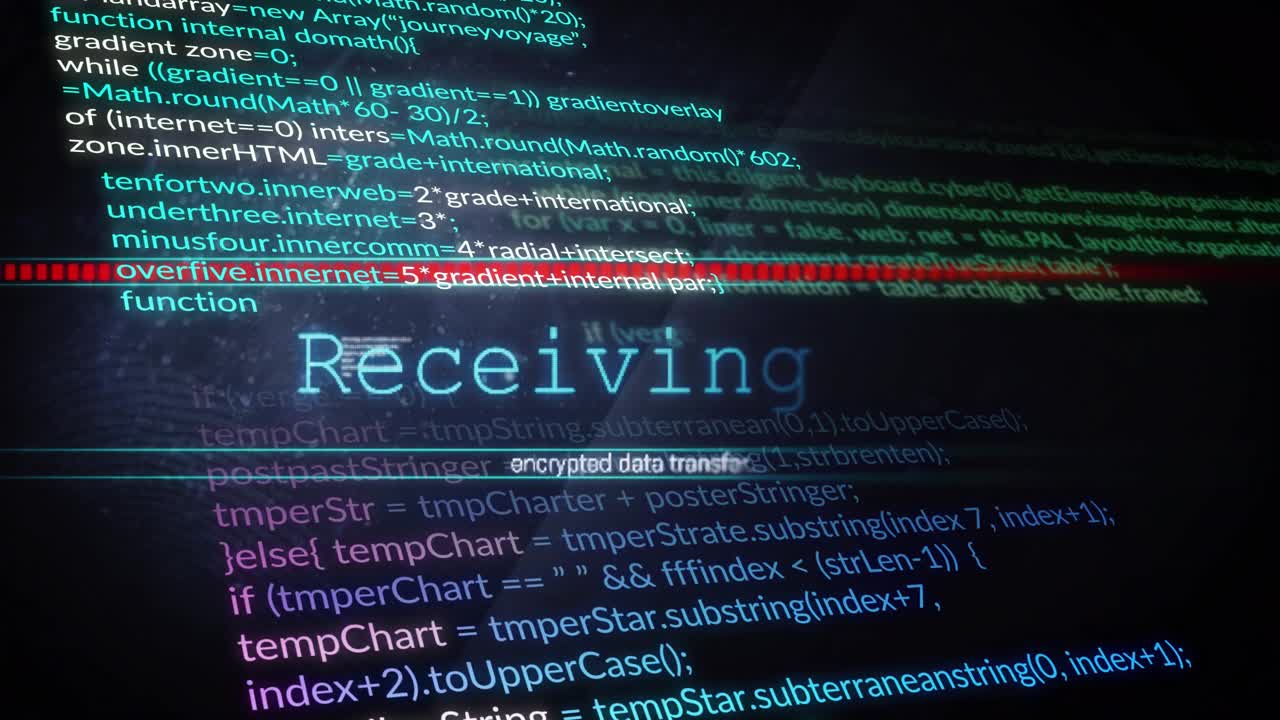 Code interface opening on blue starfield, showing scroll and scan bar receiving encrypted data