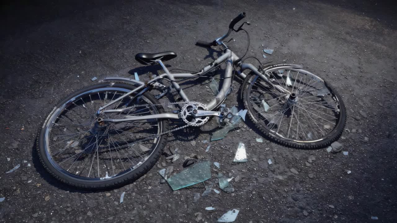 Damaged Bicycle with Broken Glass on Street